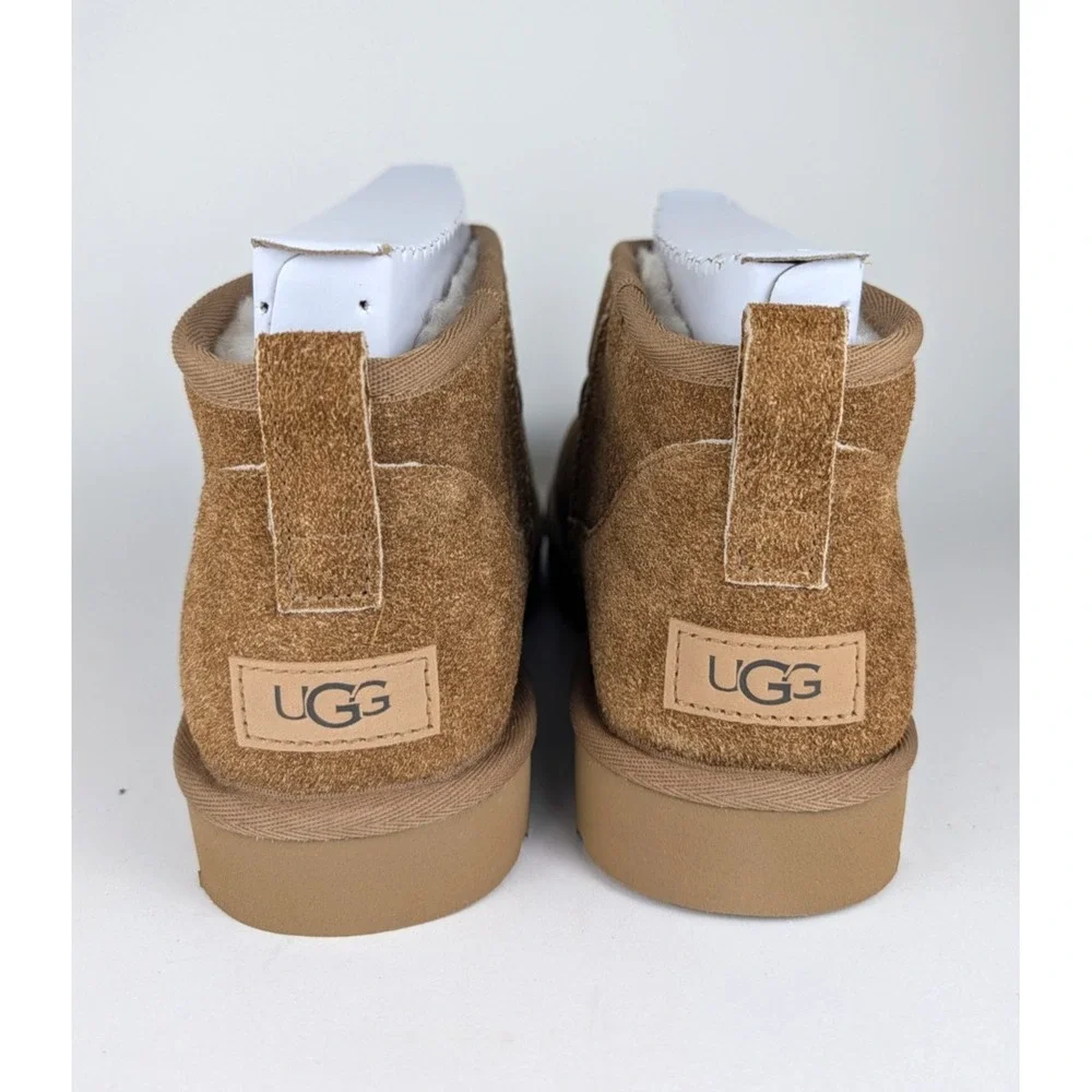UGG Classic Ultra Mini Fuzzy Suede Boots Mens Size 9 Chestnut Shearling Lined